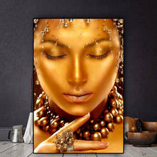 Pintura en lienzo de mujer negra y dorada moderna con adornos dorados, carteles e impresiones, arte de pared, imagen para decoración de sala de estar, Cuadros 2024 - compra barato