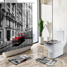 Cortina de chuveiro estilo europeu com arquitetura estilo cidade e vermelha vintage carro torre de ferro tapete de banho tampa de banheiro carpete 2024 - compre barato