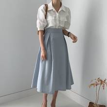 Casual Office Womens Summer Two Piece Sets White Half Sleeve Turn Down Collar Blouse Shirt + Blue Hight Waist Draped Skirt Suit 2024 - buy cheap