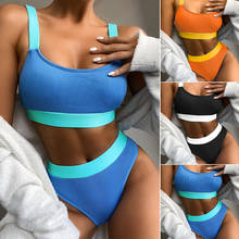 High Waist Bikinis 2021 Swimsuits Bandeau Swimwear Women Splicing Biquini Beachwear Sports Ribbed Bathing Suits New 2024 - buy cheap