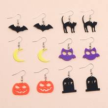 New Halloween Earrings Female Geometric Ear Hook Acrylic Bat Cat Owl Moon Pumpkin Earring 6 Set Pairs Of Halloween Gifts Female 2024 - buy cheap