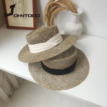 2021 New Summer Hat with Ribbon Handmade Straw Beach Hat for Women  Panama Cap Concave Flat Sun Protection Visor Hats Wholesale 2024 - buy cheap