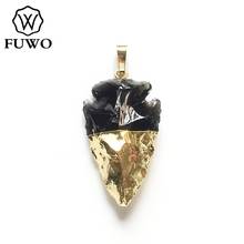 FUWO-Colgante de flecha de obsidiana negra para mujer, gemas rugosas de punta de flecha de oro, fabricación de joyas con abalorios de piedra, venta al por mayor PD277 2024 - compra barato
