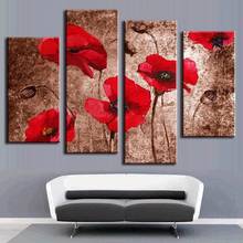 Home Decor for Living Room Home 4 Pieces Red Flower Poppies Pictures and Posters On Brown Wall Art Canvas Painting No Frame 2024 - buy cheap