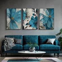 Arte de pared para decoración del hogar, imágenes de Interior de flores azules, pintura de pared para sala de estar, póster e impresiones de vida tranquila moderna 2024 - compra barato