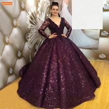 Dubai Purple Evening Gowns Lace Long Sleeves Beaded Ball Gown Women Dresses Long Party Arabic Custom Made 2022 Robe De Mariee 2024 - buy cheap