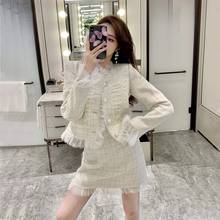 Autumn Suit Female Temperament Tweed Short Stitching Jacket + High Waist A-Line Skirt Women Two-Piece Sets 2024 - buy cheap