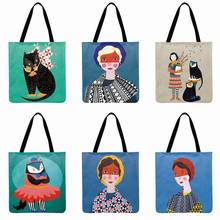 Сумка-тоут с рисунками из мультфильмов для девочек и кошек, льняная Повседневная Сумка-тоут, складная сумка для покупок, многоразовая пляжная сумка, ручная сумка 2024 - купить недорого