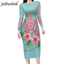 Jackherelook-vestido de tubo de manga larga para mujer, elegante vestido de oficina con estampado de hibisco y Tortuga hawaiana, ajustado y elástico 2024 - compra barato