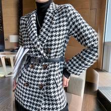 Casaco de lã feminino houndstooth jaqueta com cintura versão coreana primavera houndstooth casaco de lã terno grosso e solto 2024 - compre barato