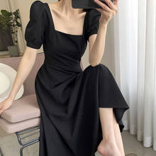 Vestido midi elegante gola quadrada, preta, casual, manga curta, uma peça, coreano, escritório, para o verão, 2021 2024 - compre barato