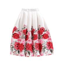 BunniesFairy Summer Korean Chic Elegant Sweet Vintage Retro Pink Rose Flower Floral Print High Waist White Pleated Midi Skirt 2024 - buy cheap