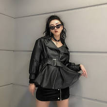 2022 Korean Women Lantern Sleeve Waist Black Faux Leather Jacket Autumn Motorcycle Biker Leather Coat Ropa Mujer Casual Fashion 2024 - buy cheap