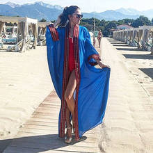 Sexy longo vestido de praia bordado manga longa praia cobrir mulheres chiffon saida de praia maiô bikini cobrir kaftan túnica 2024 - compre barato