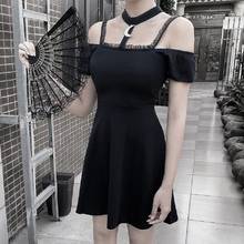 Vestido corto gótico para mujer, minivestido con espalda abierta, plisado, negro, hombros descubiertos, manga corta con correa en el cuello 2024 - compra barato