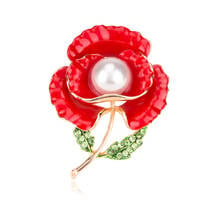 Red Flower Brooches Metal Pearl Plant Brooches For Women Green Leaves Pin Collar Dress Scarf Decoration Party Accessories 2024 - buy cheap