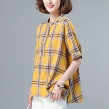 Women Spring Summer Style Line and Cotton Blouses Shirts Lady Short Sleeve Stand Collar Plaid Printed Blusas Tops ZZ0434 2024 - buy cheap