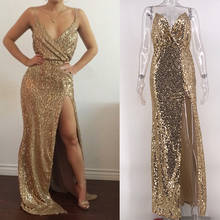 BKLD Spaghetti Strap Dresses 2018 Autumn Sexy Deep V Neck High Slits Bustier Dress Gold Sequined Maxi Long Dress Paillette Robes 2024 - buy cheap