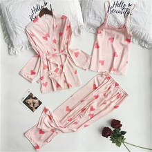 JULY'S SONG-Conjunto de pijamas de satén para mujer, traje de 3 piezas de seda sintética con estampado de amor, ropa de dormir Sexy, pantalones con tirantes, ropa de casa para otoño 2024 - compra barato