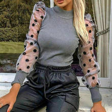 Women's Sheer Mesh See-through Blouse 2019 New Fashion Elegant Slim Polka Dot Puff Long Sleeve Tops Shirt Turtleneck Fall Blouse 2024 - buy cheap