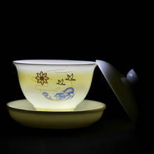 Taça de cerâmica de jade de açúcar de alta qualidade, grande tampa de três talentos, tigela de chá artesanal, tigela de porcelana branca 2024 - compre barato