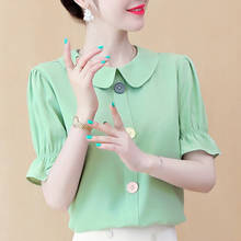 Blusa feminina botão manga curta chiffon, camisa feminina estilo primavera verão cor sólida peter pan gola coreana sp244 2024 - compre barato