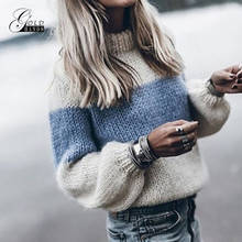 Gold Hands 2019 Autumn Winter Fashion Warm Clothes Women Loose Knitted Sweater Long Sleeve O-Neck PatchWork Pullover Sweaters 2024 - buy cheap
