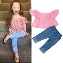 Pudcoco/Одежда для маленьких девочек; Кружевные сетчатые топы с открытыми плечами; Джинсовые длинные штаны; Комплект одежды из 2 предметов 2024 - купить недорого