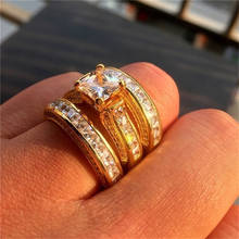 Simples de três peças incrustadas zircon feminino anel conjunto moda requintado ouro prata cor quadrada strass senhoras anel conjunto de jóias 2024 - compre barato