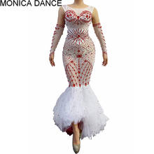 Women Sexy Birthday Celebrate White Outfit Prom Dancer Dress Red Rhinestone Transparent Mermaid Long Dress with Gloves Belt 2024 - buy cheap