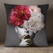 Capa de travesseiro feminina flor vermelha, capa de almofada de linho retrato de beleza, boa qualidade 45x45cm para decoração de sofá do quarto 2024 - compre barato