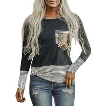 Женская футболка с длинными рукавами и круглым вырезом, простая женская футболка в полоску с блестками и карманами, пуловер размера плюс 2024 - купить недорого