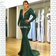 Green Muslim Evening Dresses Mermaid Deep V-neck Long Sleeves Pearls Dubai Saudi Arabic Long Formal Evening Gown 2024 - buy cheap