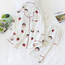 Pijama feminino de algodão crepe, calças de manga comprida, estampa de desenho animado, pijama feminino macio e confortável, roupas de dormir, roupas de casa 2 peças 2024 - compre barato