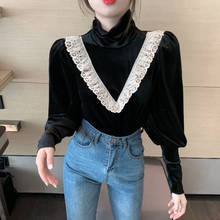 2020 Autumn New Velvet Lace Top Lantern Sleeve High Collar Plus Size Female Winter Blouse Bottoming Shirt Women Black Top Blusa 2024 - buy cheap