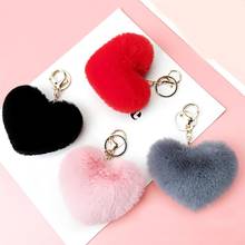 1pc Lovely Heart Shape Pendant Keychains Women's Pom Poms Faux Rex Rabbit Fur Ball Key Chains Girl Bag Hang Car Key Ring 2024 - buy cheap