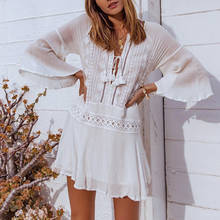 2019 Simple  Crochet White Knitted Beach Cover up dress Tunic Beach smock Bikinis Cover ups Swim Cover up Robe Pleated Beachwear 2024 - buy cheap