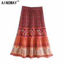 Vintage Chic Fashion Hippie Women Beach Bohemian Purple Floral Print Skirt High Elastic Waist   A-Line Boho Maxi Skirts Femme 2024 - buy cheap