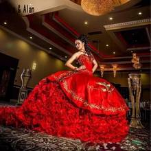 Роскошное красное платье Quinceanera, бальное платье с вышивкой, маскарадные наряды, 16 платьев, пышная одежда для выпускного вечера 2024 - купить недорого