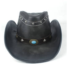 100% Leather Women Men Black Western Cowboy Hat With Roll Up Brim Punk Belt Jazz Sombrero Cap Dad Hat Size 58-59CM 2024 - buy cheap