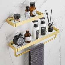 Prateleira de banheiro de alumínio e vidro, dourado, escovado, com barra de toalha, chuveiro, gel, shampoo, suporte de parede, esmerilhado 2024 - compre barato