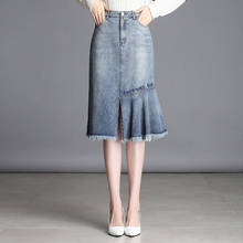 Elegant Midi Skirts Womens Casual Irregular Denim Summer With Pocket Office Skirt Tassel Ruffle Slit Hem Letter Embroidery Skirt 2024 - buy cheap