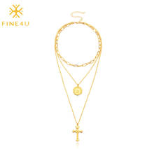 FINE4U-collar con forma de cruz para mujer, gargantilla de Color dorado, cadena de monedas, collares largos de varias capas, joyería, N721 2024 - compra barato