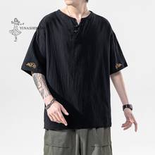 New Japanese Kimonos Short-Sleeved T-shirt Embroidered Harajuku Yukata Japan Summer Male Linen Men Shirts Trousers Asian Costume 2024 - buy cheap