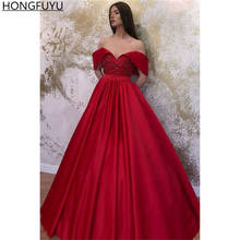 HONGFUYU-vestido de noche de satén con hombros descubiertos, traje Formal, largo hasta el suelo, rojo, con encaje, para baile de graduación 2024 - compra barato