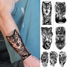 Водостойкая временная татуировка наклейка Лес Луна Дерево волк флэш-татуировки Тигр Лев Корона Череп Король боди-арт рука поддельные татуировки для мужчин 2024 - купить недорого