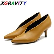 Xgravity 2021 модные популярные женские туфли с острым носком на тонком каблуке с глубоким V-образным вырезом модные женские туфли элегантные женские туфли A264 2024 - купить недорого