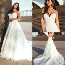 Lindo vestido de noiva de tule rendado com decote e abertura nas costas, cauda longa, feito sob encomenda 2024 - compre barato