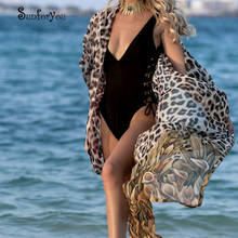 Pareo playero con estampado de leopardo para Mujer, traje de baño de gasa, caftán, Pareos, Salida de playa, pareo para Mujer 2021 2024 - compra barato