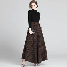 Conjunto de dos piezas de cuello alto para mujer, Jersey de punto negro y falda Maxi de lana a cuadros con cordones, otoño e invierno, 2020 2024 - compra barato